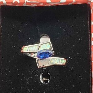 Brand New 18k White Gold Plated Marquise - Cut Blue Spinel & Opal bypass Ring